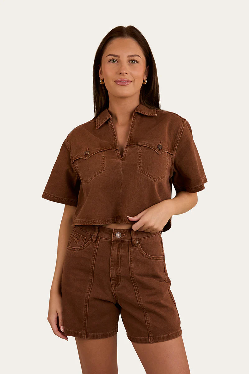 Iris Womens Denim Top - Saddle Brown