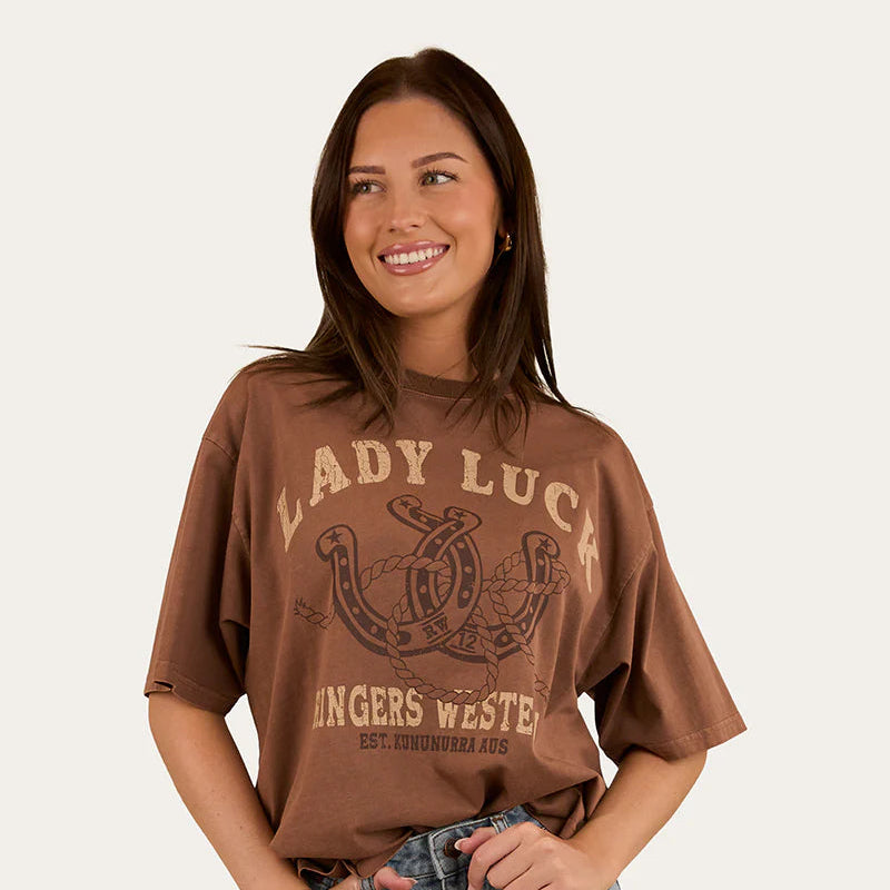 Lady Luck Womens Overd T-Shirt - Washed Saddle Brown