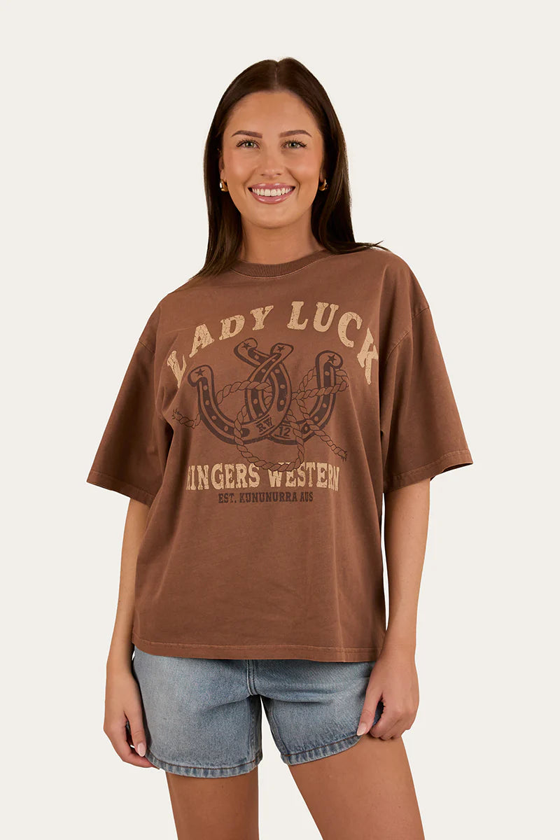 Lady Luck Womens Overd T-Shirt - Washed Saddle Brown