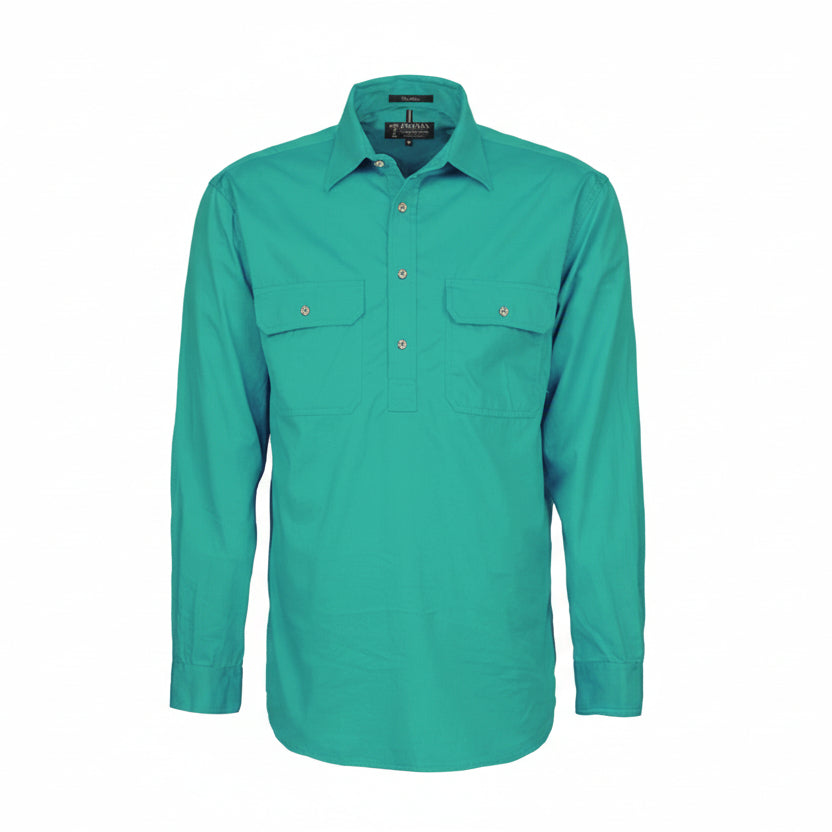 Teal shirt with two front pockets on a white background