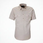 Beige short-sleeve shirt with two front pockets on a white background