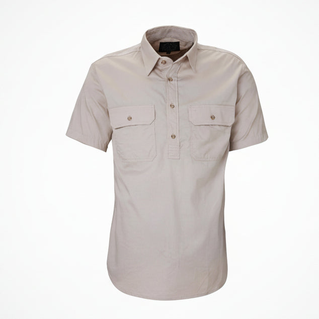 Beige short-sleeve shirt with two front pockets on a white background