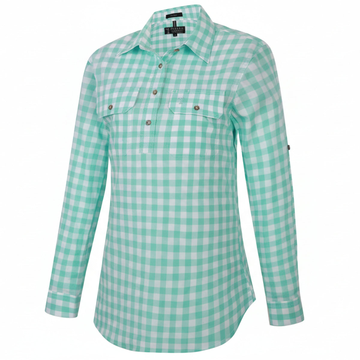 WomensClosedFrontLSShirtCheckWhite_Mint