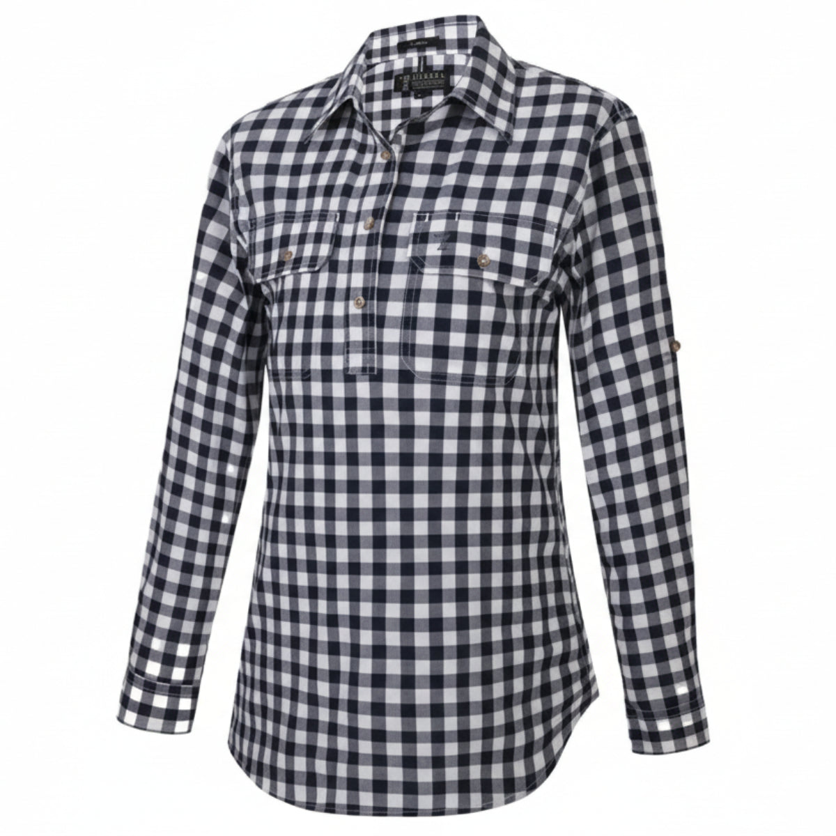WomensClosedFrontLSShirtCheckWhite_Navy