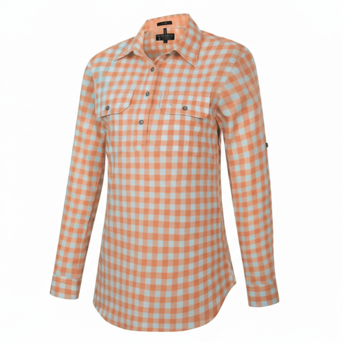 WomensClosedFrontLSShirtCheckWhite_Orange