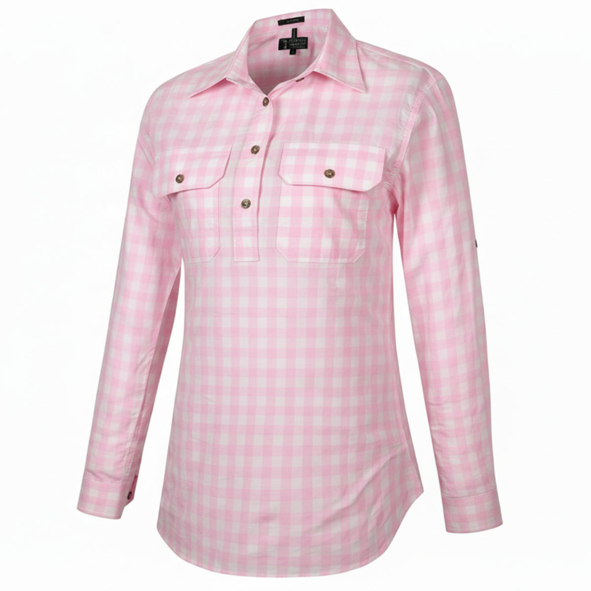 WomensClosedFrontLSShirtCheckWhite_Pink